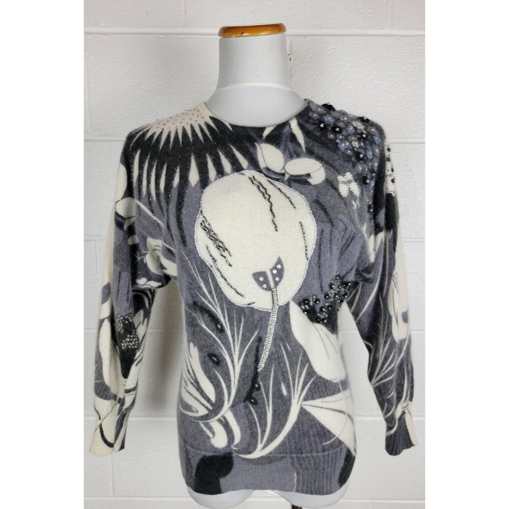 Vtg‎ Magnolia Womens Lambswool Angora Floral Beaded Sweater Gray Cream Dolman  S